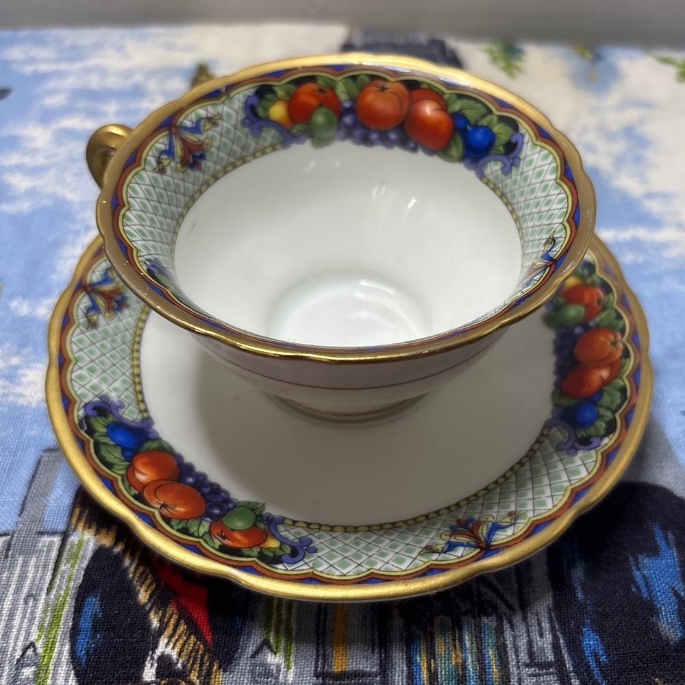 Victoria China Czechoslovakia Fruit Teacup Saucer Set Gold Trim Elegant
